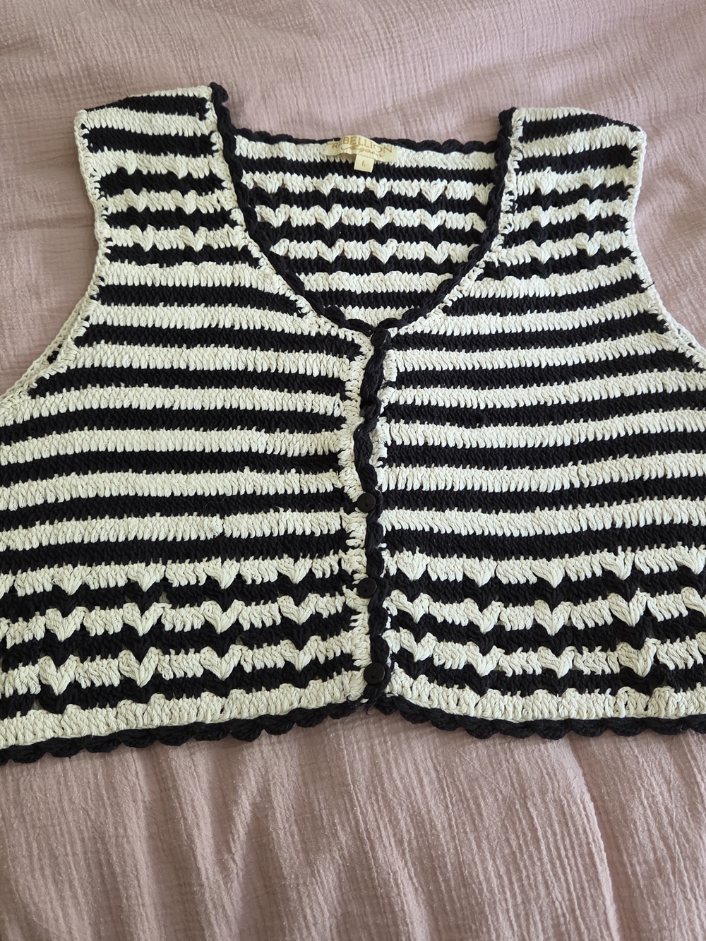 Black & White Striped Crochet Button-Front Vest 100% Cotton